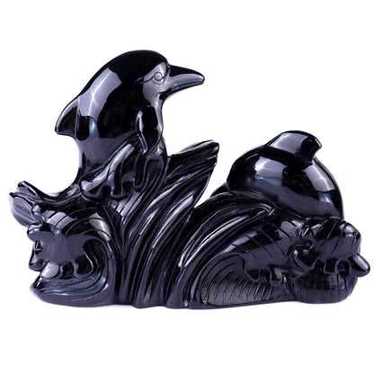 8.5" Black Obsidian Hand Carved Crystal Dolphins Sculpture Crystallumi