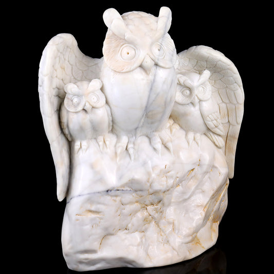 8.5" White Jade Hand Carved Crystal Owls Sculpture Crystallumi