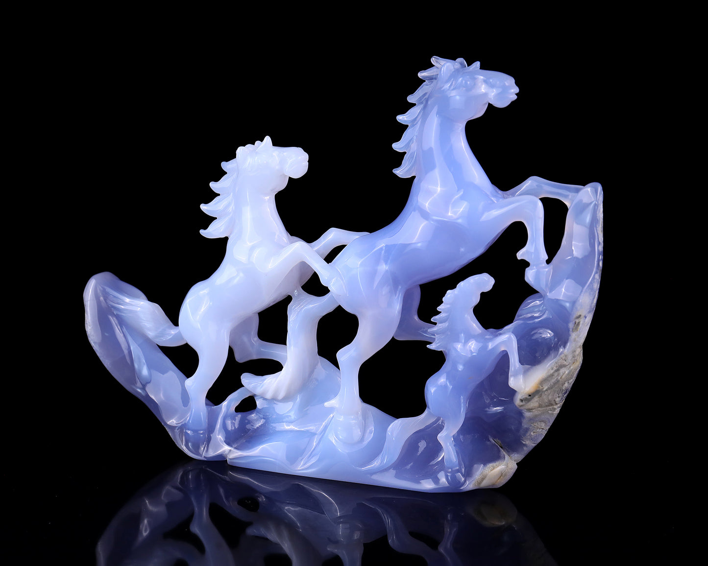 9.2" Blue Chalcedony Hand Carved Crystal Horses Sculpture Crystallumi