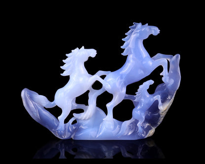 9.2" Blue Chalcedony Hand Carved Crystal Horses Sculpture Crystallumi