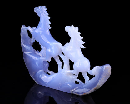 9.2" Blue Chalcedony Hand Carved Crystal Horses Sculpture Crystallumi