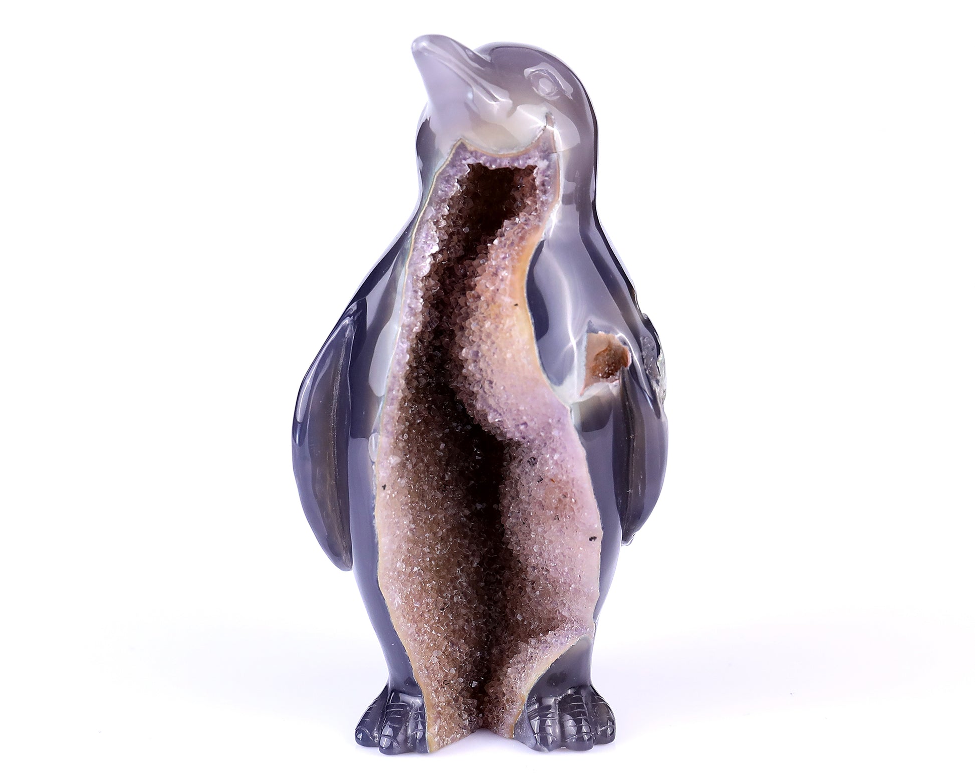 Amazing 4.9" Geode Agate Hand Carved Crystal Penguin Sculpture Crystallumi