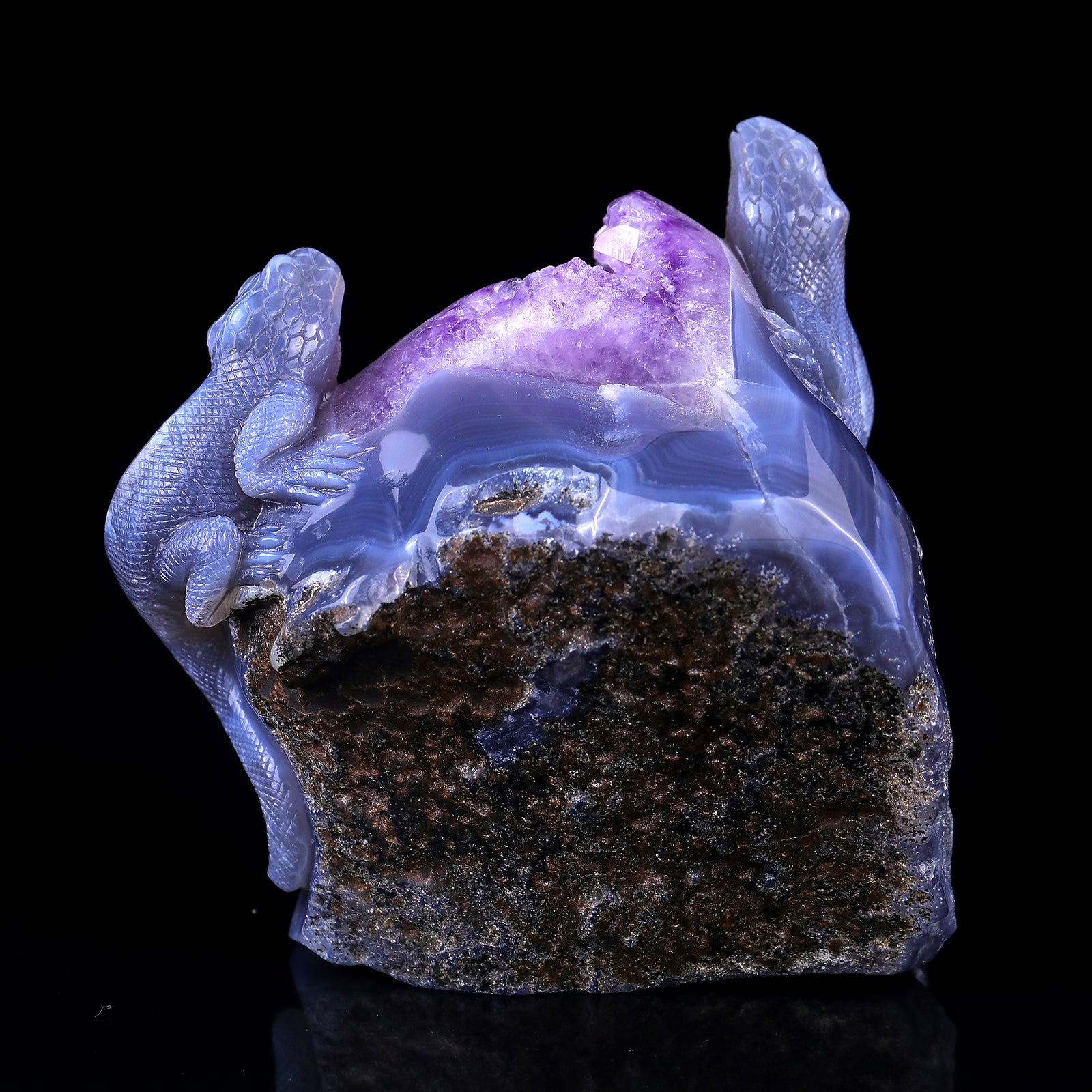 Amazing 5.1" Amethyst Geode Agate Hand Carved Crystal Lizard Sculpture Crystallumi