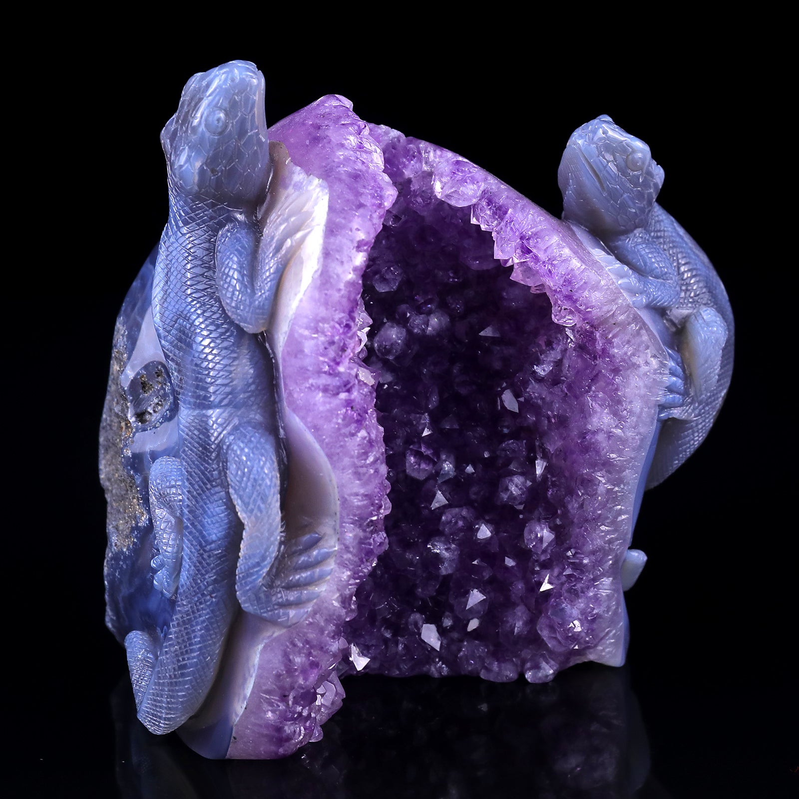 Amazing 5.1" Amethyst Geode Agate Hand Carved Crystal Lizard Sculpture Crystallumi