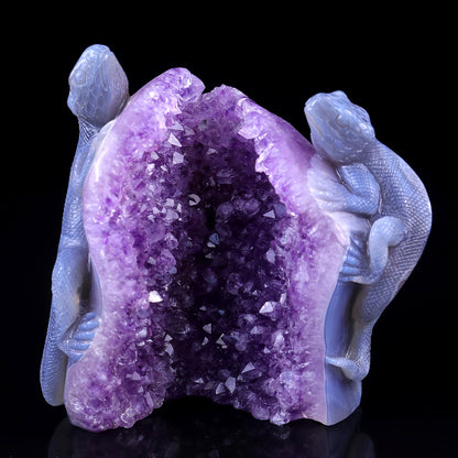 Amazing 5.1" Amethyst Geode Agate Hand Carved Crystal Lizard Sculpture Crystallumi