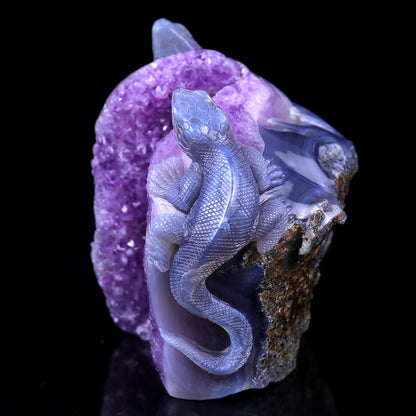 Amazing 5.1" Amethyst Geode Agate Hand Carved Crystal Lizard Sculpture Crystallumi