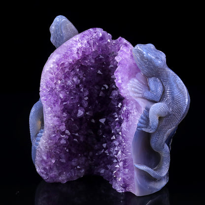 Amazing 5.1" Amethyst Geode Agate Hand Carved Crystal Lizard Sculpture Crystallumi