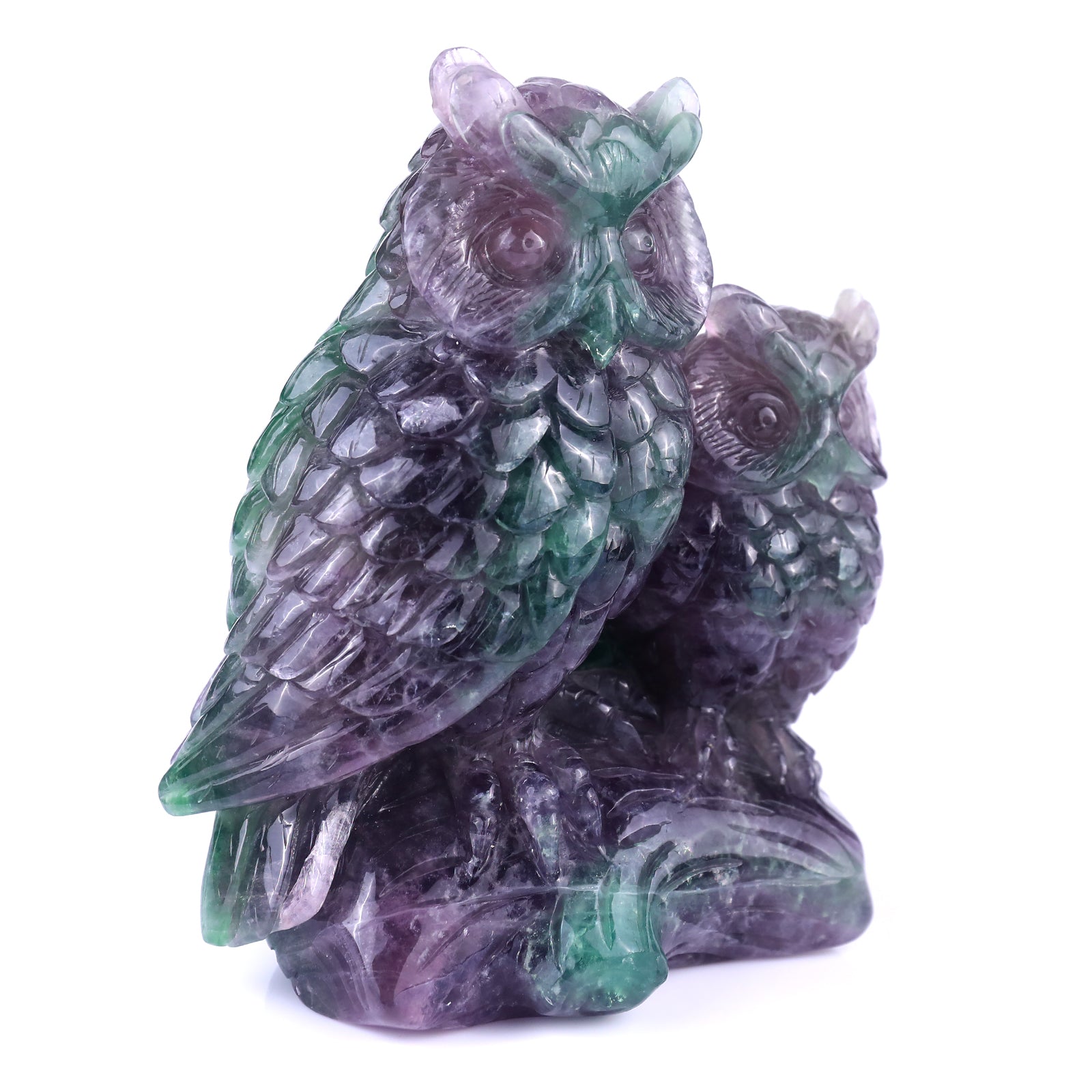 Amazing 6.1" Fluorite Hand Carved Crystal Owls Sculpture Crystallumi