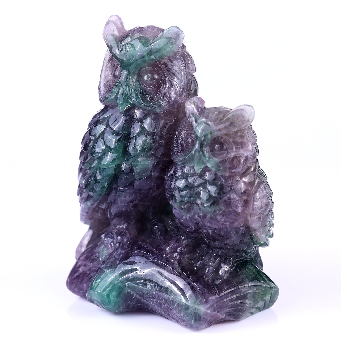 Amazing 6.1" Fluorite Hand Carved Crystal Owls Sculpture Crystallumi