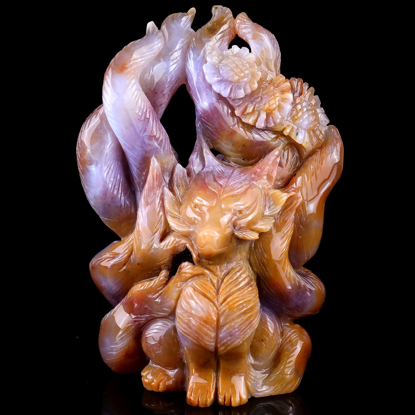 Amazing 7.1" Chalcedony Hand Carved Crystal Nine-tail Foxes Sculpture Crystallumi