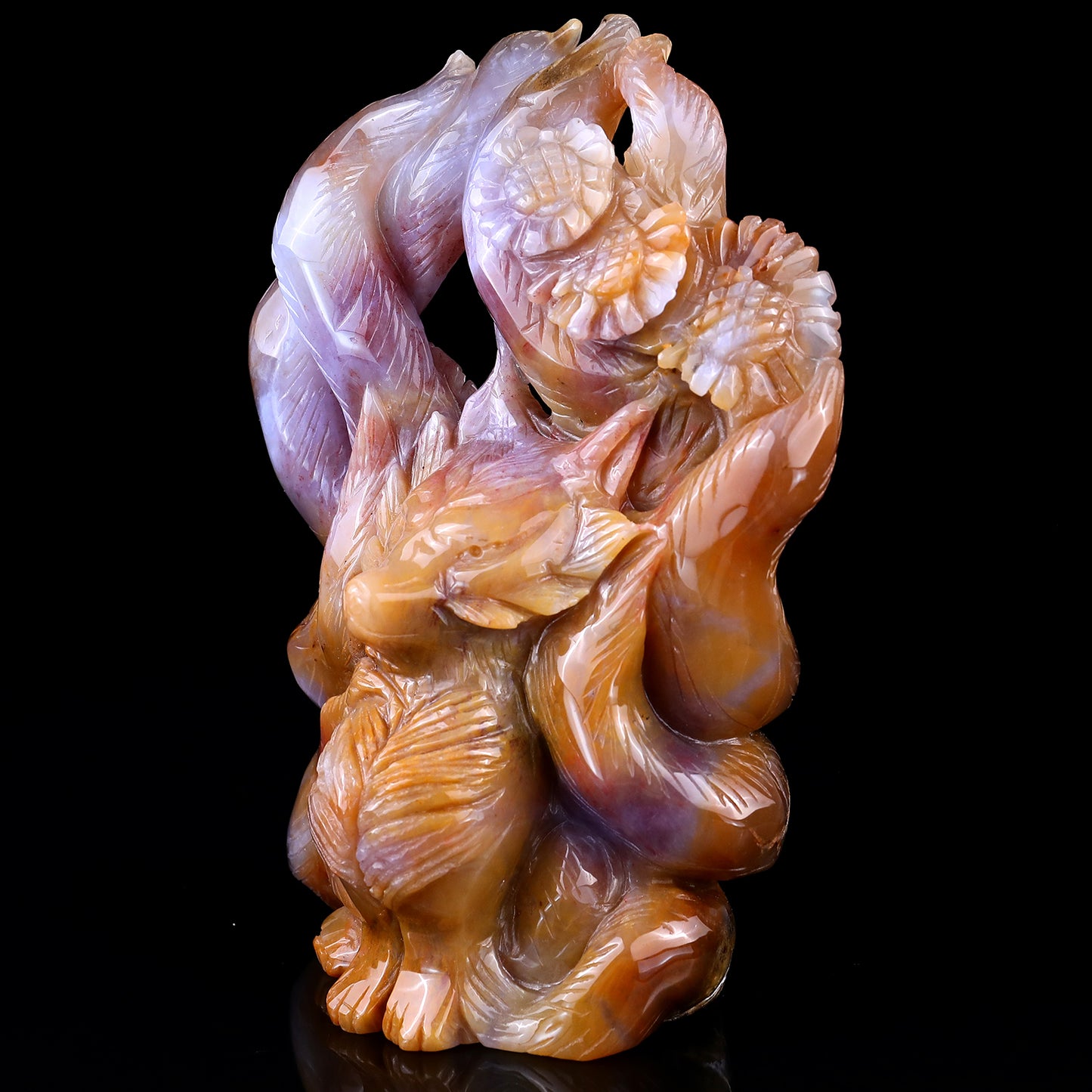 Amazing 7.1" Chalcedony Hand Carved Crystal Nine-tail Foxes Sculpture Crystallumi