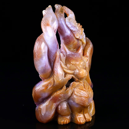 Amazing 7.1" Chalcedony Hand Carved Crystal Nine-tail Foxes Sculpture Crystallumi