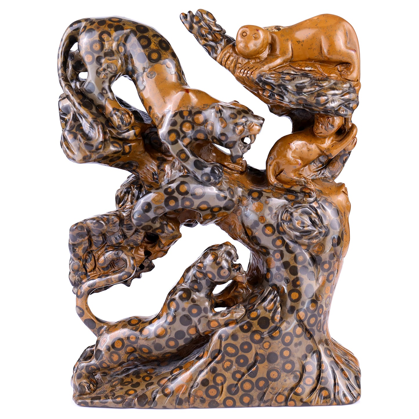 Amazing 9.3" Leopard Skin Jasper Hand Carved Crystal Leopards & Monkeys Sculpture Crystallumi