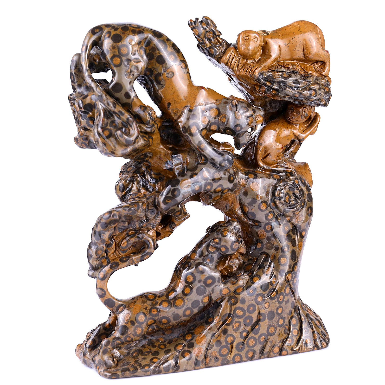 Amazing 9.3" Leopard Skin Jasper Hand Carved Crystal Leopards & Monkeys Sculpture Crystallumi