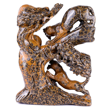 Amazing 9.3" Leopard Skin Jasper Hand Carved Crystal Leopards & Monkeys Sculpture Crystallumi