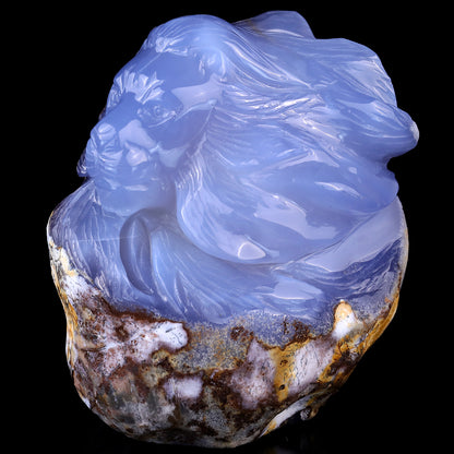 Amazing Gemstone 6.1" Blue Chalcedony Hand Carved Crystal Lion Head Sculpture Crystallumi