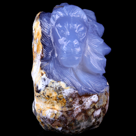 Amazing Gemstone 6.1" Blue Chalcedony Hand Carved Crystal Lion Head Sculpture Crystallumi