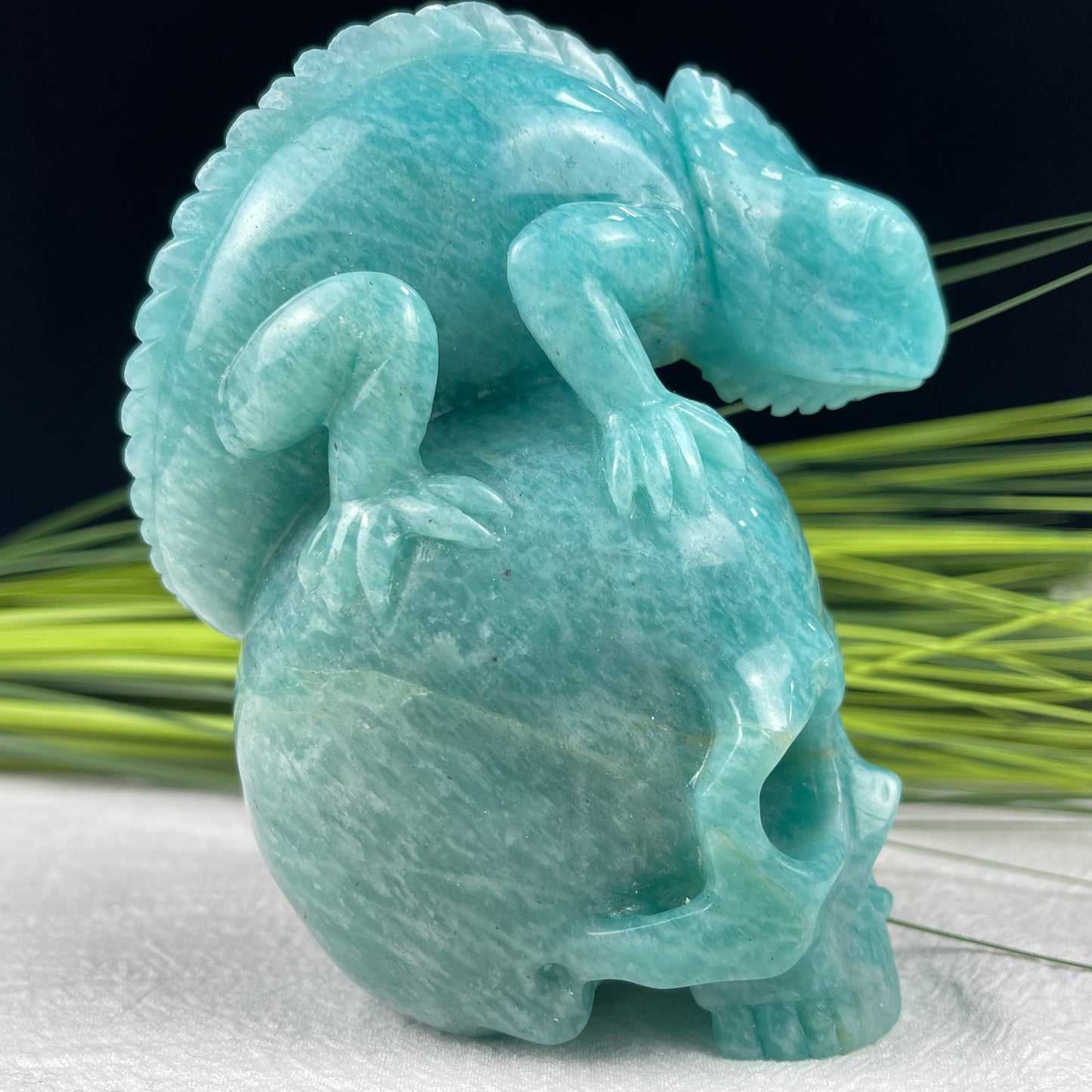 Amazing Gemstone Amazonite Carved Crystal Skull With Lizard Sculpture Crystallumi