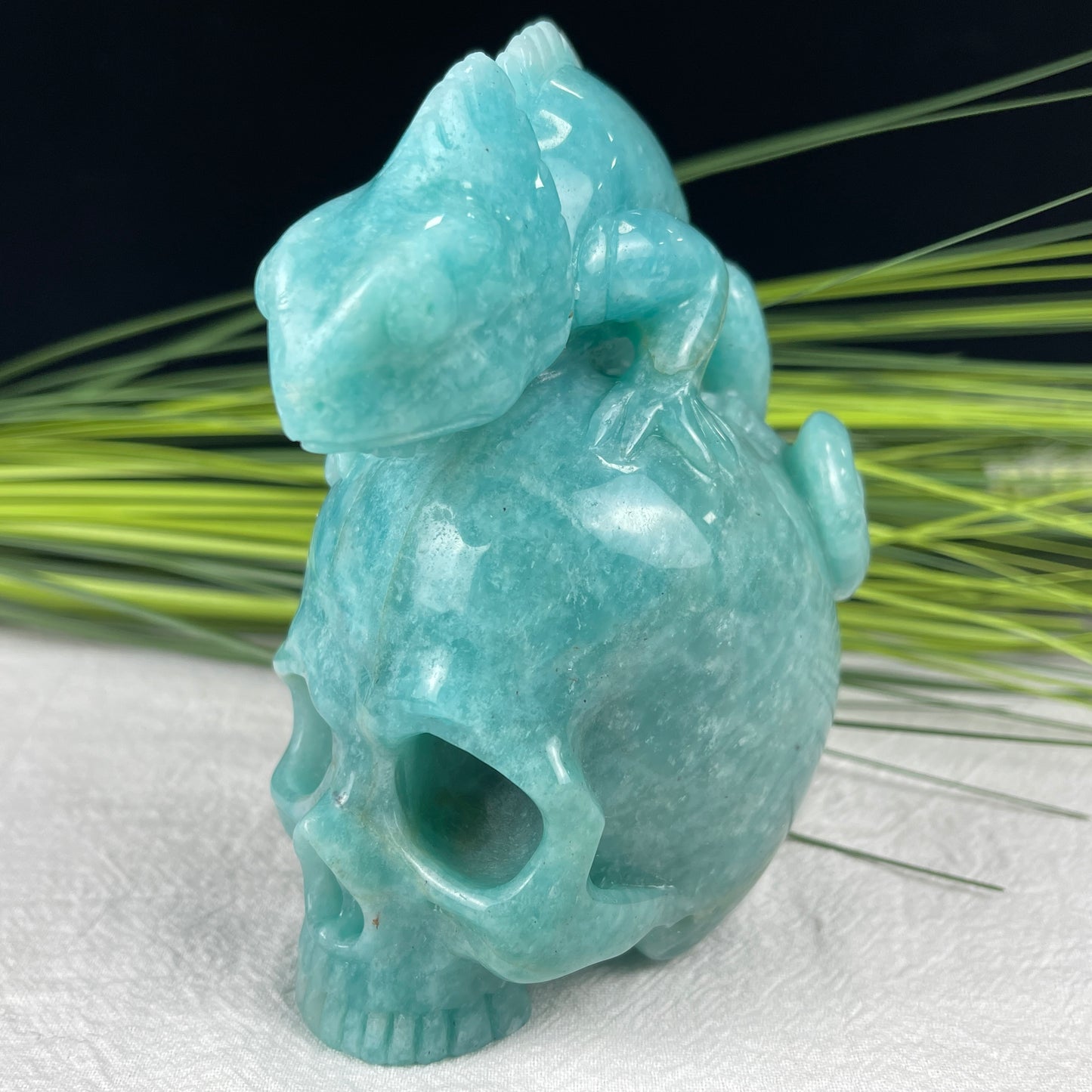 Amazing Gemstone Amazonite Carved Crystal Skull With Lizard Sculpture Crystallumi