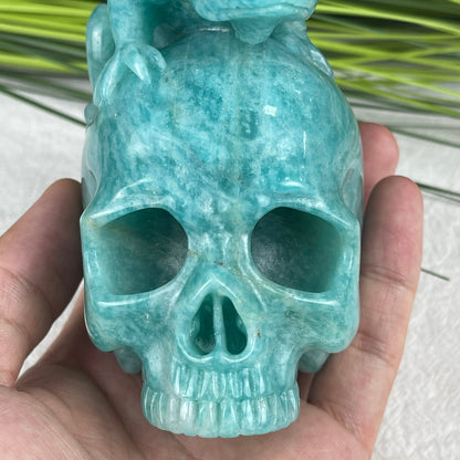 Amazing Gemstone Amazonite Carved Crystal Skull With Lizard Sculpture Crystallumi