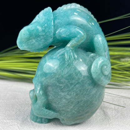 Amazing Gemstone Amazonite Carved Crystal Skull With Lizard Sculpture Crystallumi