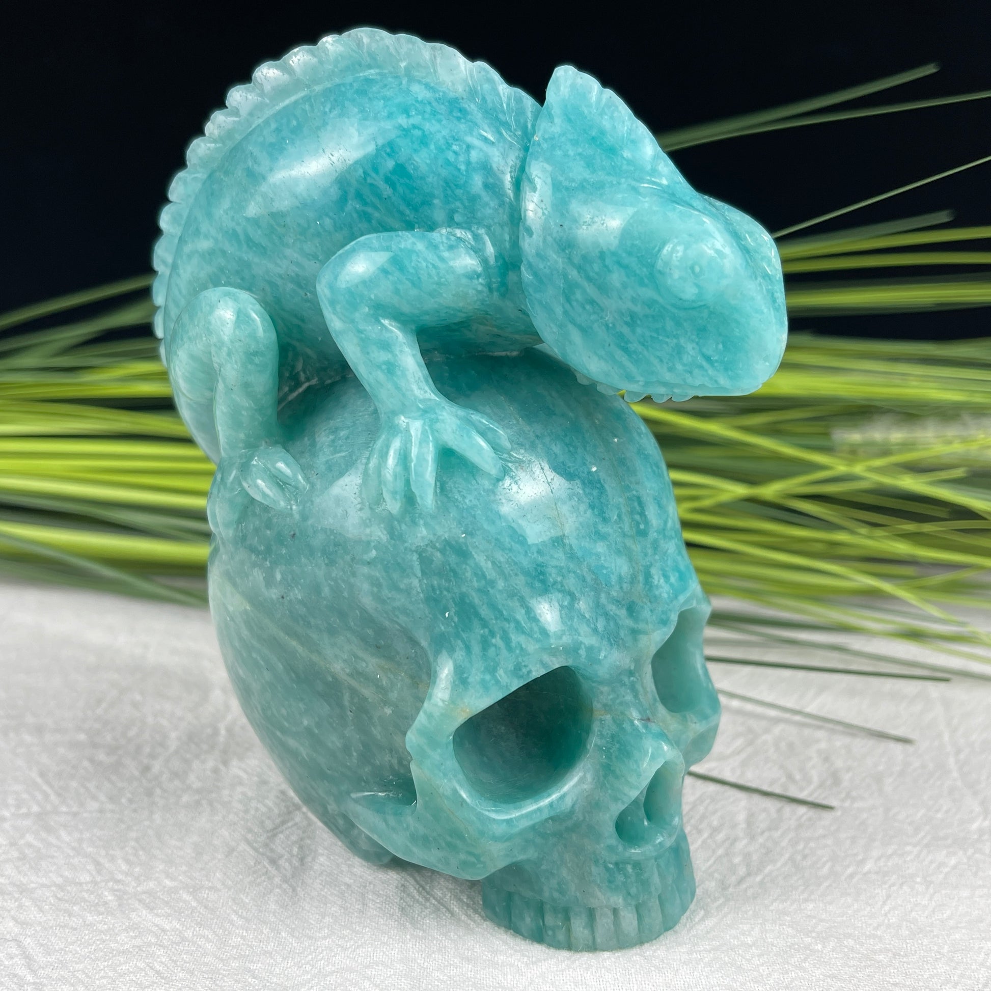 Amazing Gemstone Amazonite Carved Crystal Skull With Lizard Sculpture Crystallumi