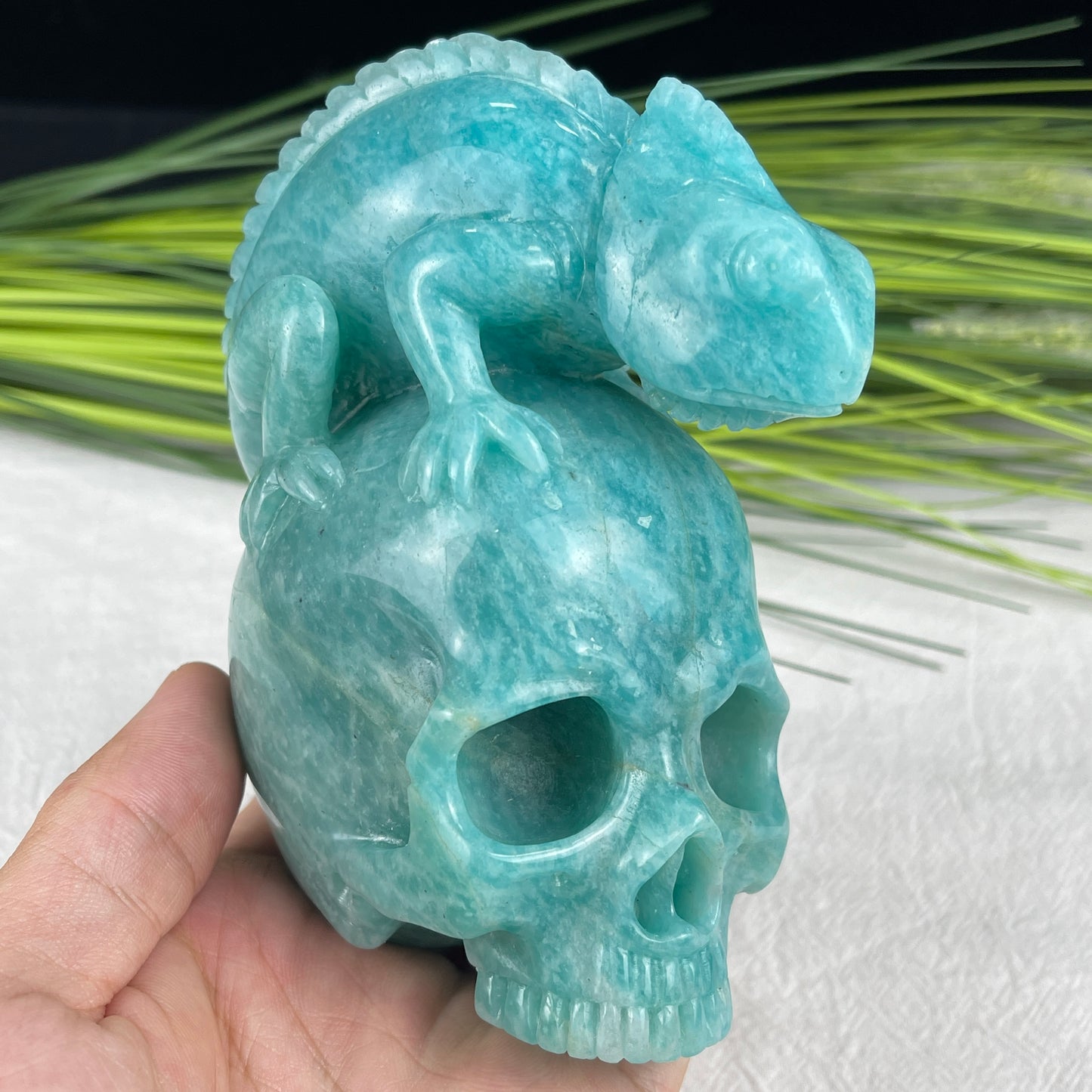 Amazing Gemstone Amazonite Carved Crystal Skull With Lizard Sculpture Crystallumi