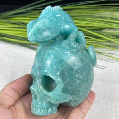 Amazing Gemstone Amazonite Carved Crystal Skull With Lizard Sculpture Crystallumi