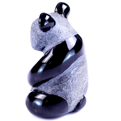 Cute 2.9" Black Obsidian Hand Carved Crystal Panda Sculpture Crystallumi