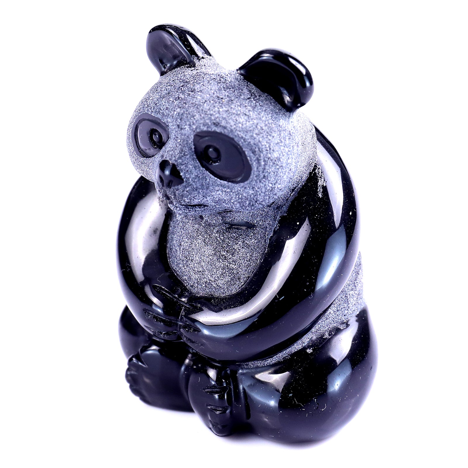 Cute 2.9" Black Obsidian Hand Carved Crystal Panda Sculpture Crystallumi