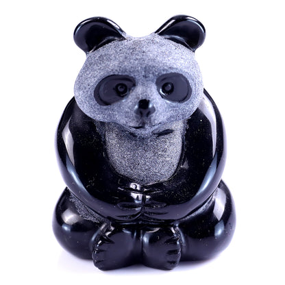 Cute 2.9" Black Obsidian Hand Carved Crystal Panda Sculpture Crystallumi