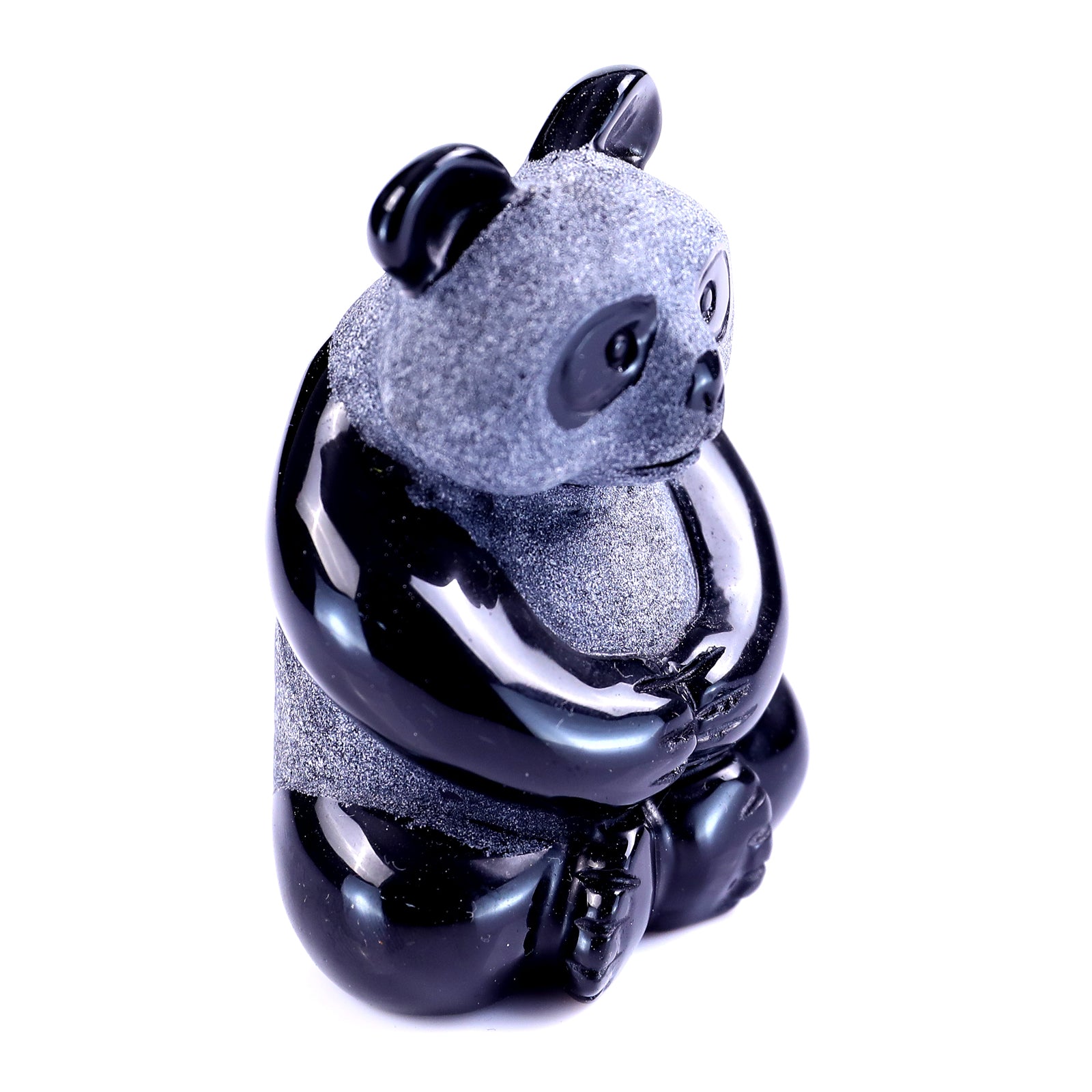 Cute 2.9" Black Obsidian Hand Carved Crystal Panda Sculpture Crystallumi