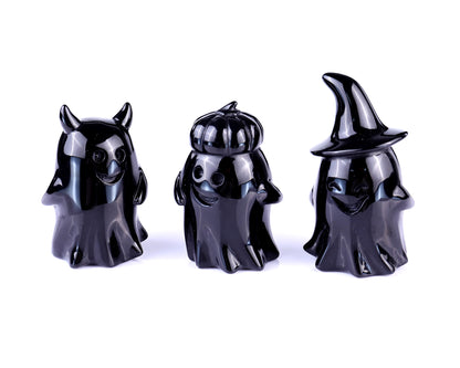 Cute 3.0" Black Obsidian Hand Carved Crystal Ghost Sculpture,Halloween Gift Crystallumi