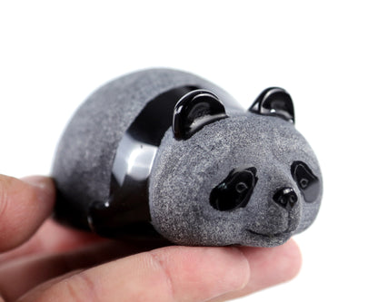 Cute 3.0" Black Obsidian Hand Carved Crystal Panda Sculpture Crystallumi