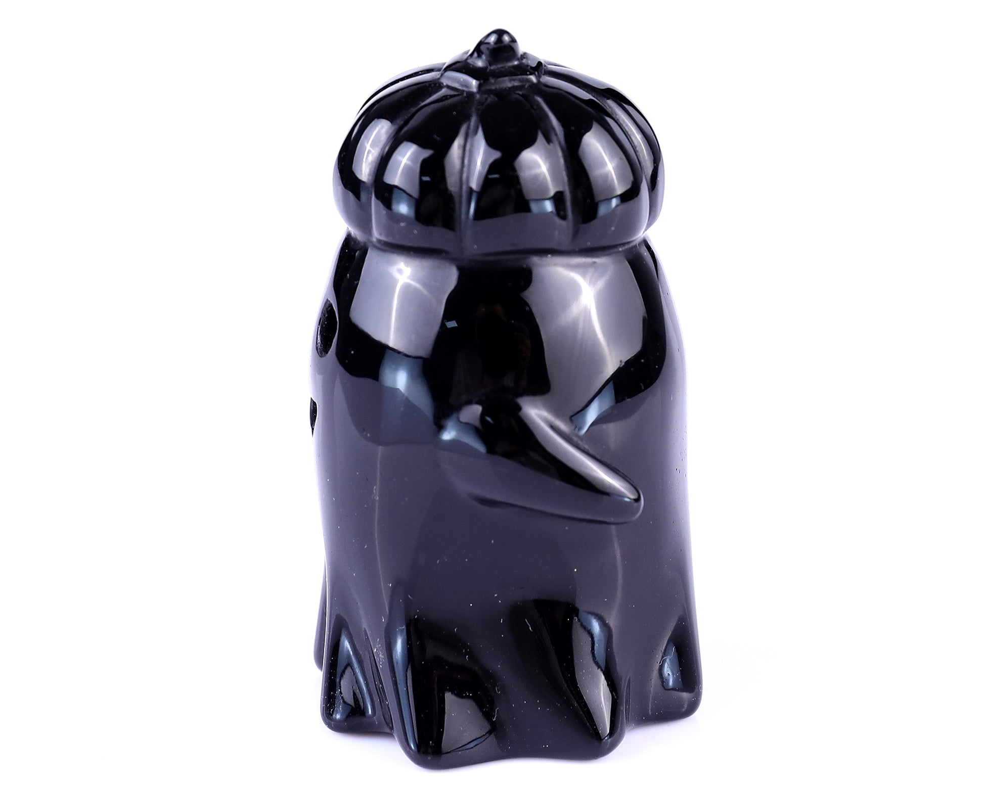 Cute 3.0" Black Obsidian Hand Carved Crystal Pumpkin Ghost Sculpture,Halloween Gift Crystallumi