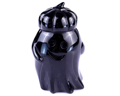 Cute 3.0" Black Obsidian Hand Carved Crystal Pumpkin Ghost Sculpture,Halloween Gift Crystallumi