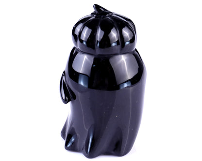 Cute 3.0" Black Obsidian Hand Carved Crystal Pumpkin Ghost Sculpture,Halloween Gift Crystallumi