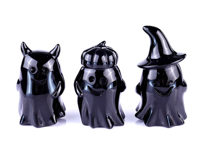 Cute 3.0" Black Obsidian Hand Carved Crystal Pumpkin Ghost Sculpture,Halloween Gift Crystallumi