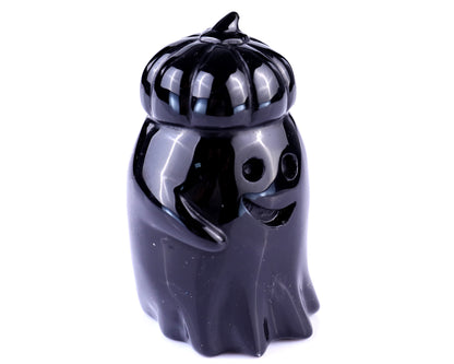 Cute 3.0" Black Obsidian Hand Carved Crystal Pumpkin Ghost Sculpture,Halloween Gift Crystallumi