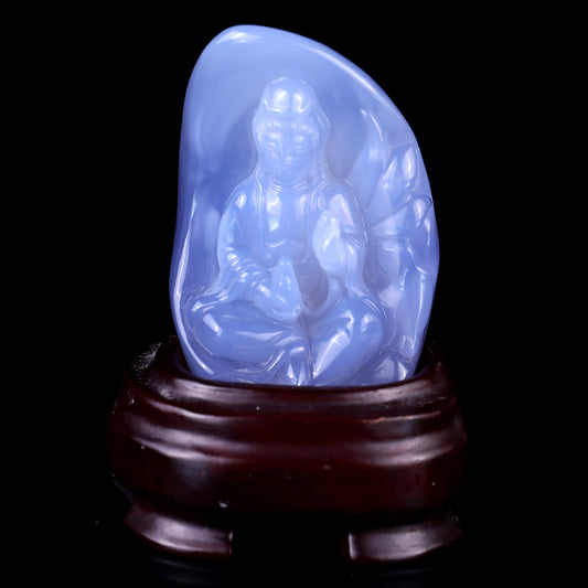 Gemstone 3.2" Blue Chalcedony Hand Carved Crystal Kwan-yin Sculpture Crystallumi