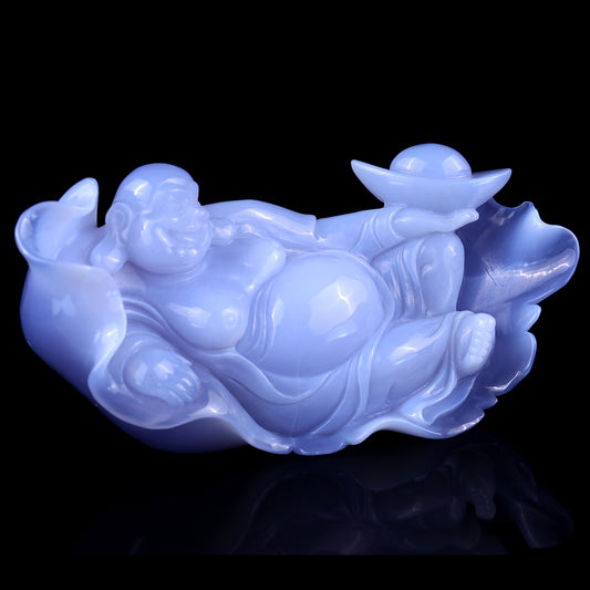 Gemstone 8.7" Blue Chalcedony Hand Carved Crystal Buddha Sculpture Crystallumi