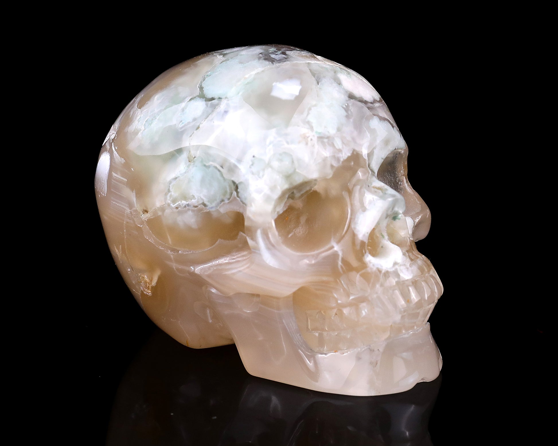 Nice 3.0" Sakura Agate Hand Carved Crystal Realistic Skull Sculpture Crystallumi