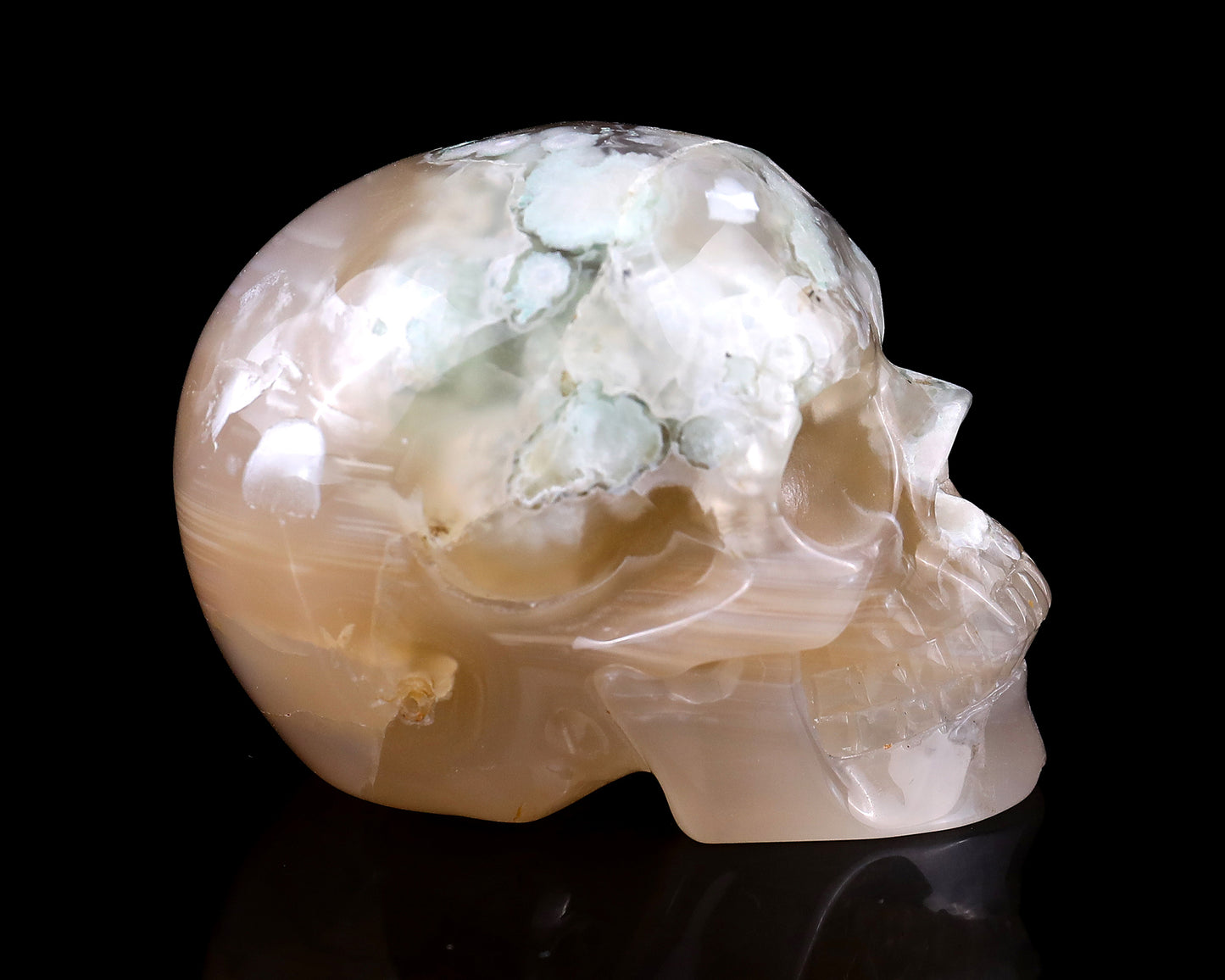 Nice 3.0" Sakura Agate Hand Carved Crystal Realistic Skull Sculpture Crystallumi