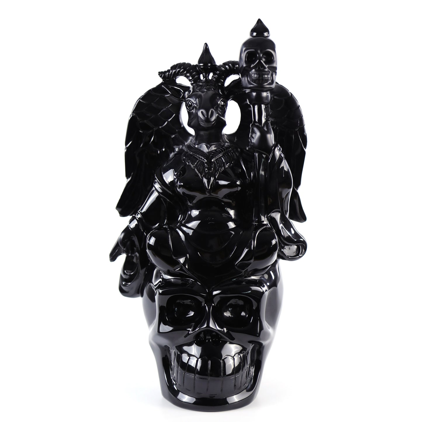 Unique 15.3" Black Obsidian Hand Carved Crystal Realistic Skull King Sculpture Crystallumi