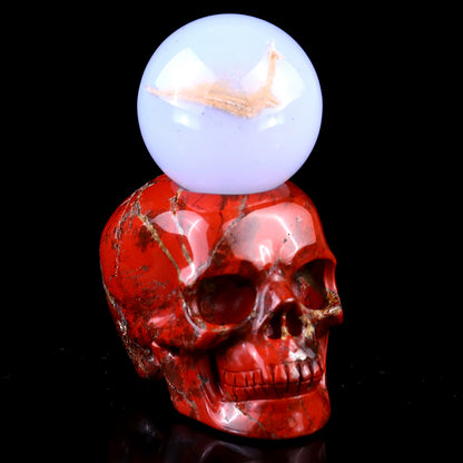 Unique 2.4" Red Jasper Hand Carved Crystal Realistic Skull Sphere Holder Sculpture Crystallumi