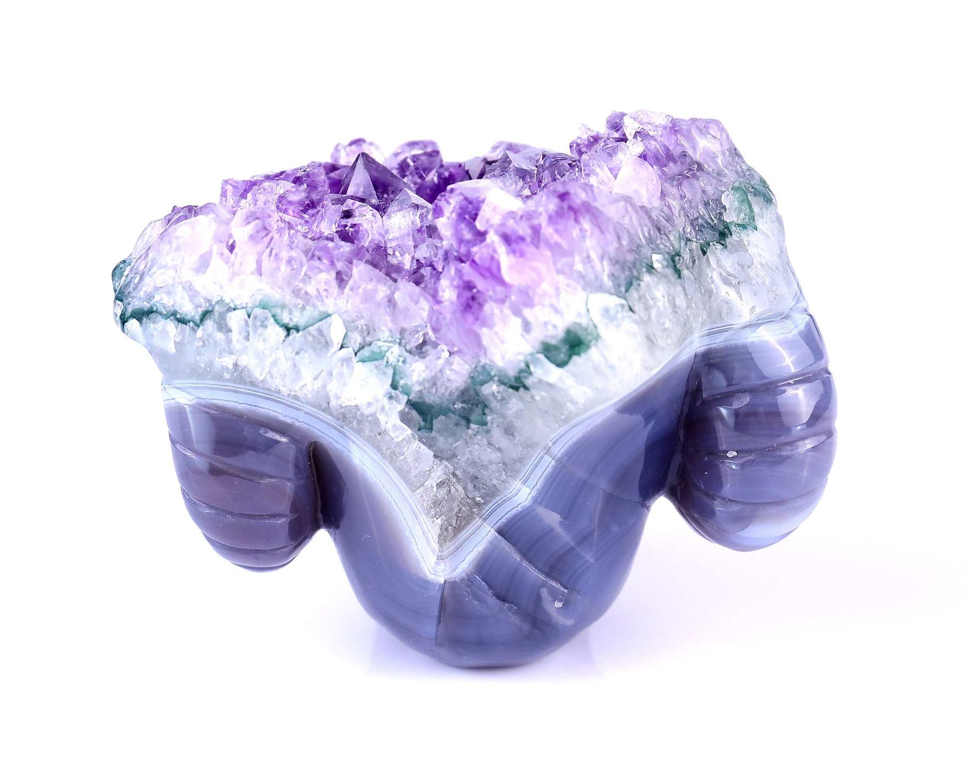 Unique 2.9" Amethyst Druse Agate Hand Carved Mineral Specimen Skull with Horn Sculpture Crystallumi