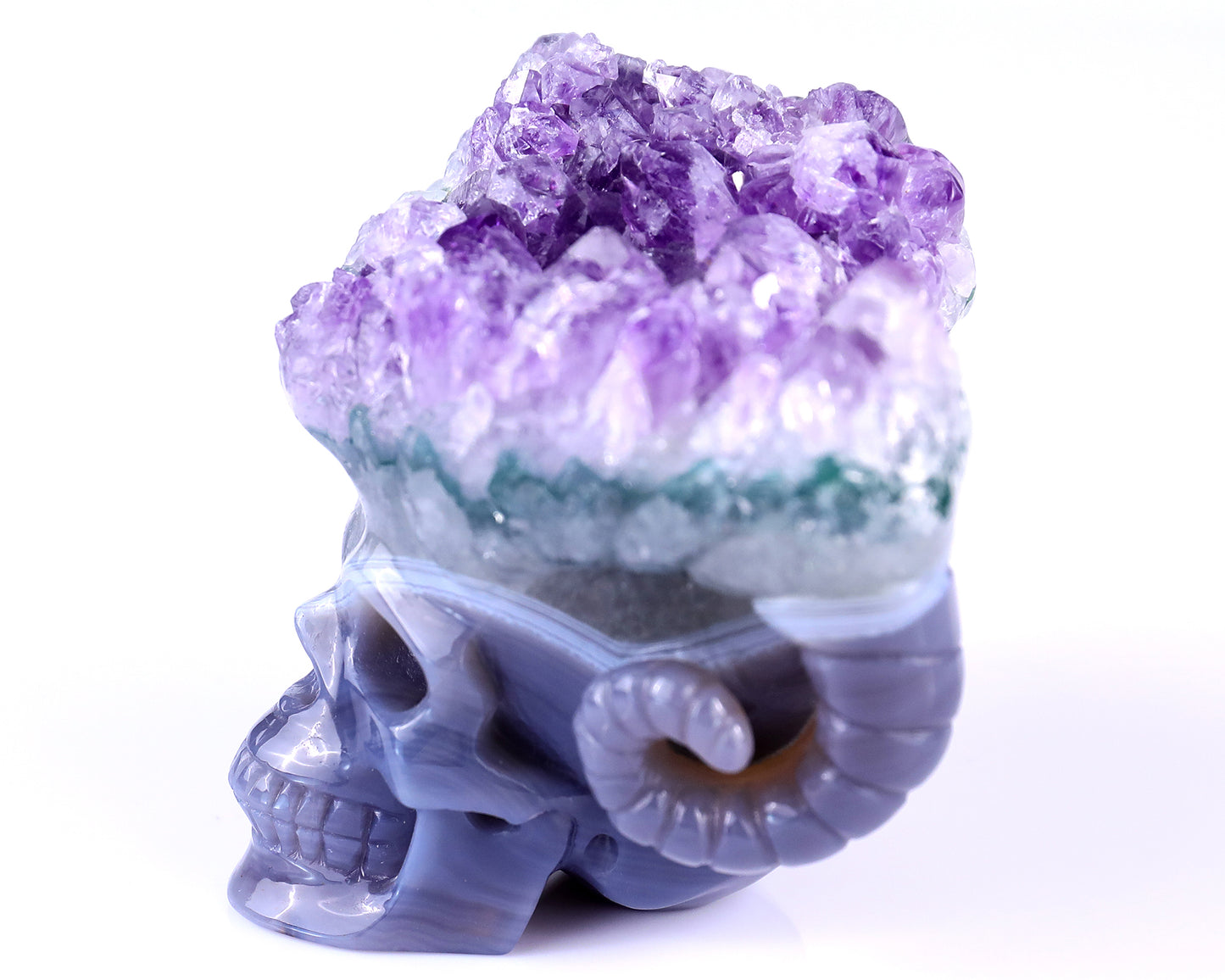 Unique 2.9" Amethyst Druse Agate Hand Carved Mineral Specimen Skull with Horn Sculpture Crystallumi