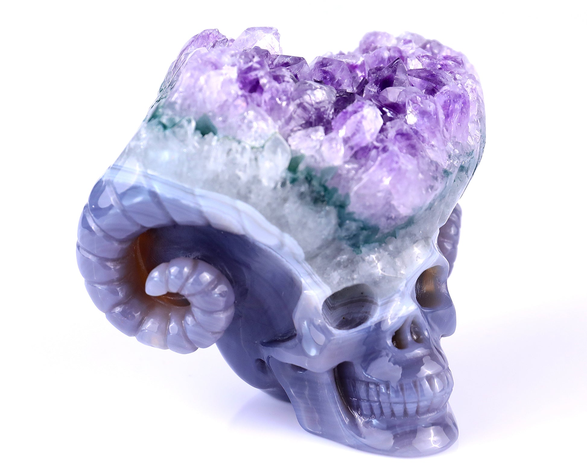 Unique 2.9" Amethyst Druse Agate Hand Carved Mineral Specimen Skull with Horn Sculpture Crystallumi