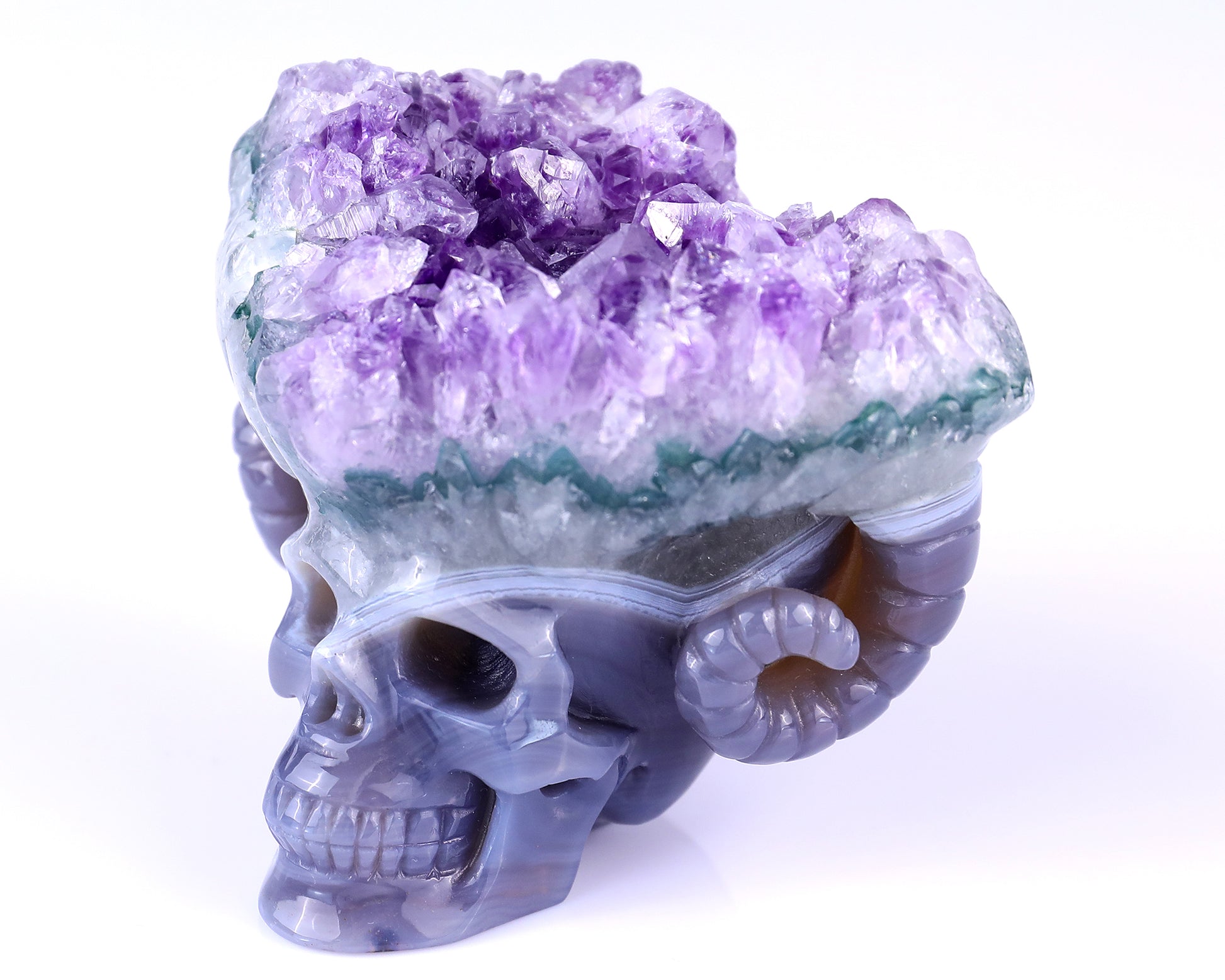 Unique 2.9" Amethyst Druse Agate Hand Carved Mineral Specimen Skull with Horn Sculpture Crystallumi