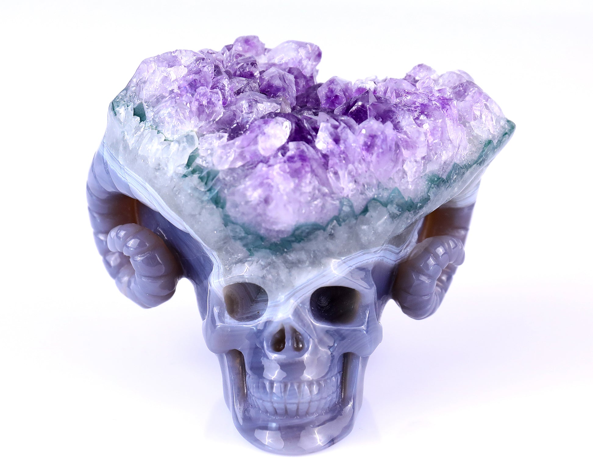 Unique 2.9" Amethyst Druse Agate Hand Carved Mineral Specimen Skull with Horn Sculpture Crystallumi